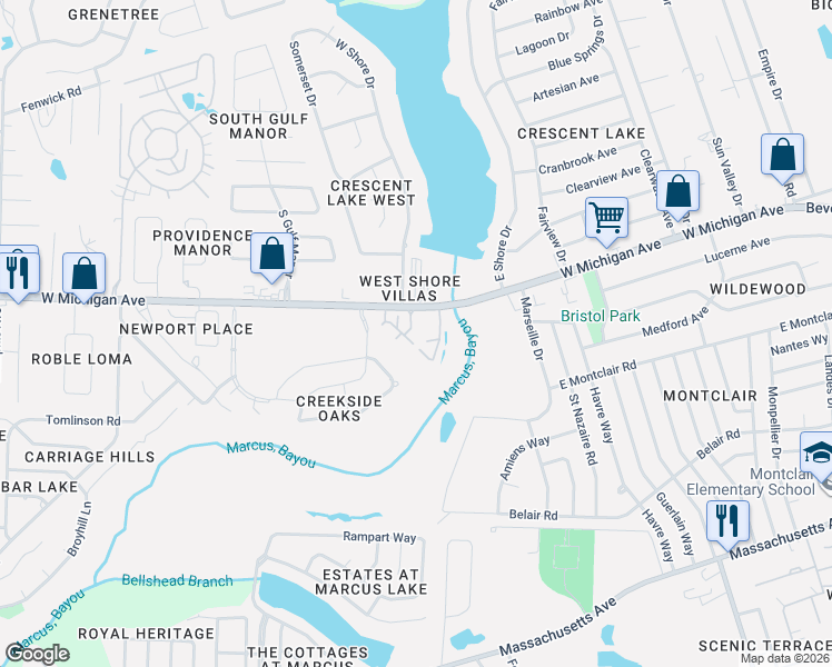 map of restaurants, bars, coffee shops, grocery stores, and more near 2303 West Michigan Avenue in Pensacola