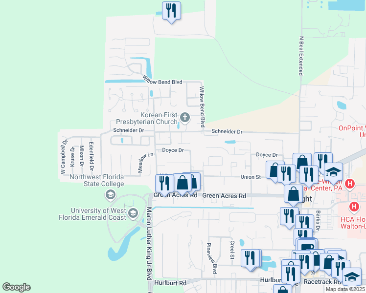 map of restaurants, bars, coffee shops, grocery stores, and more near 618 Carnathan Court in Fort Walton Beach