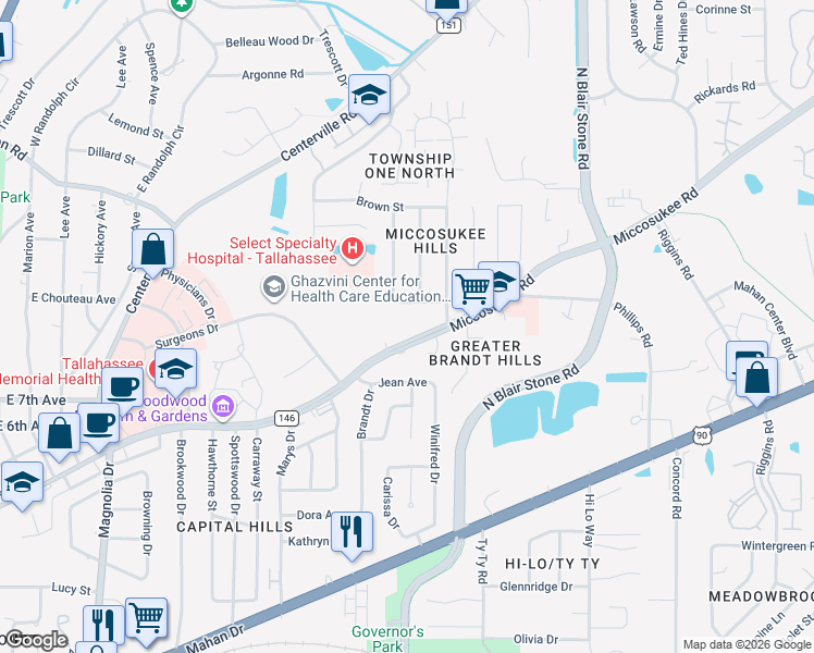 map of restaurants, bars, coffee shops, grocery stores, and more near 1903 County Road 146 in Tallahassee