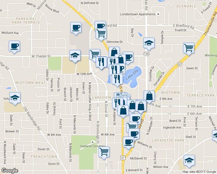 map of restaurants, bars, coffee shops, grocery stores, and more near in Tallahassee