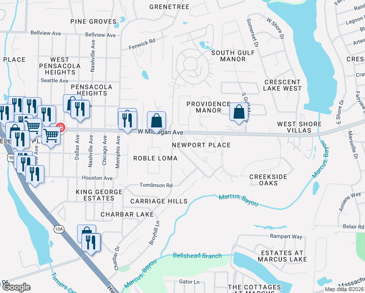 map of restaurants, bars, coffee shops, grocery stores, and more near 5643 Esperanto Drive in Pensacola