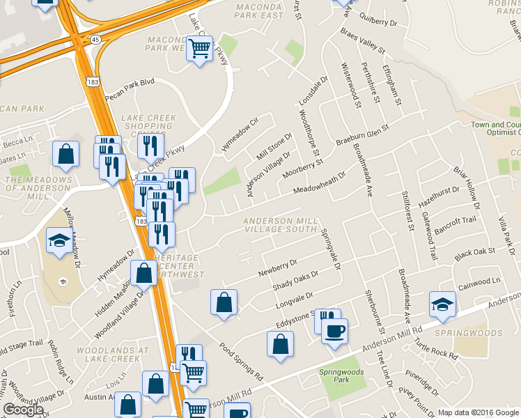 map of restaurants, bars, coffee shops, grocery stores, and more near 9629 Copper Creek Drive in Austin