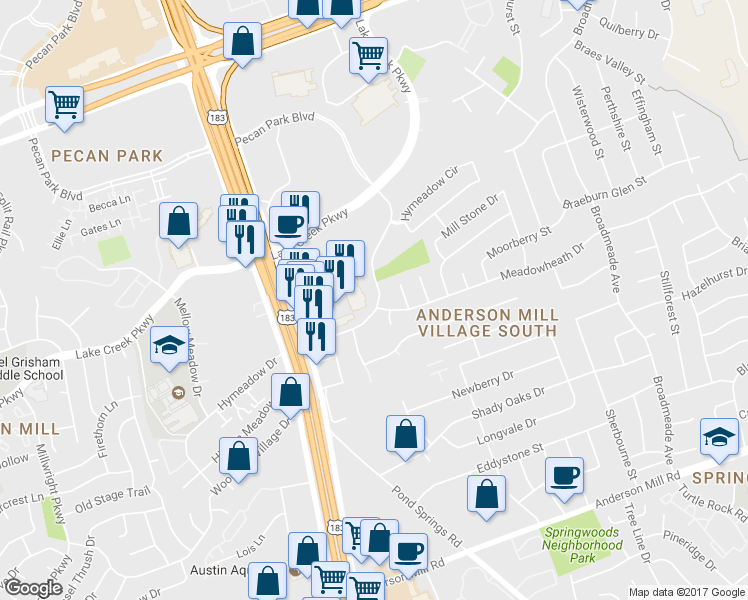 map of restaurants, bars, coffee shops, grocery stores, and more near 9821 Meadowheath Drive in Austin