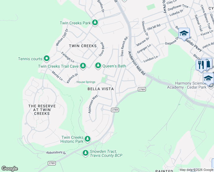 map of restaurants, bars, coffee shops, grocery stores, and more near 2702 Benevento Way in Cedar Park