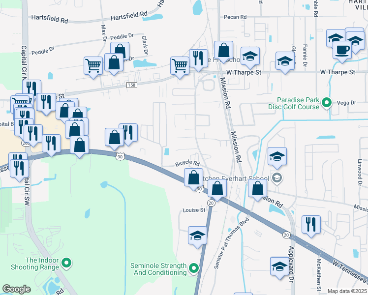 map of restaurants, bars, coffee shops, grocery stores, and more near 3128 Bicycle Road in Tallahassee