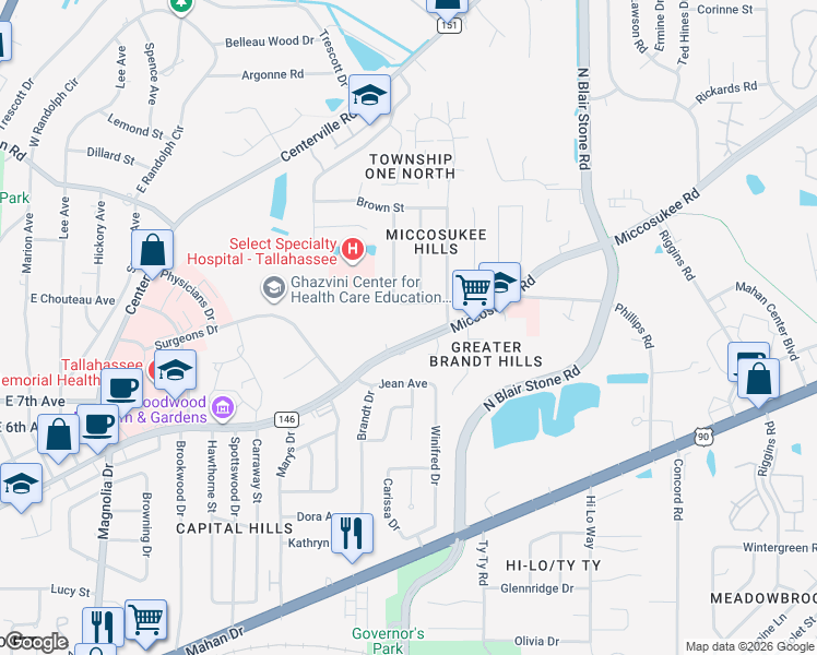 map of restaurants, bars, coffee shops, grocery stores, and more near 1903 County Road 146 in Tallahassee