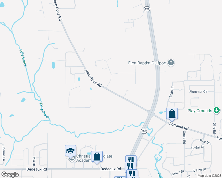 map of restaurants, bars, coffee shops, grocery stores, and more near 12155-12209 John Ross Road in Gulfport