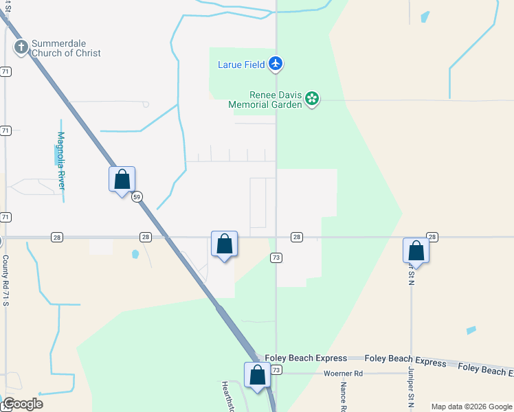 map of restaurants, bars, coffee shops, grocery stores, and more near 16172 County Road 73 in Foley