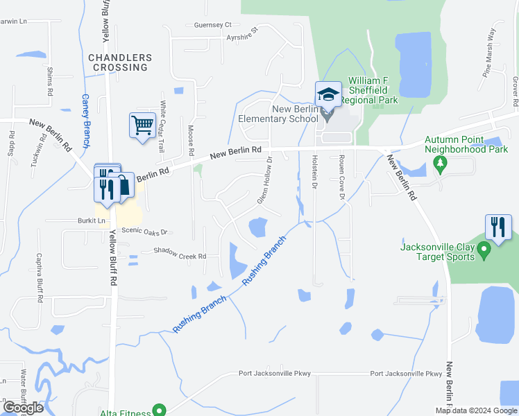 map of restaurants, bars, coffee shops, grocery stores, and more near 3458 Hickory Landing Court in Jacksonville