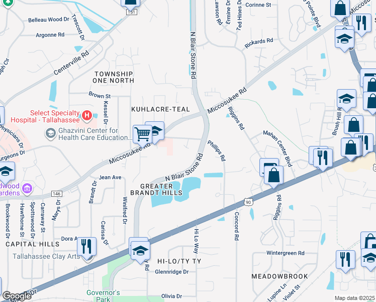 map of restaurants, bars, coffee shops, grocery stores, and more near 2350 Phillips Road in Tallahassee