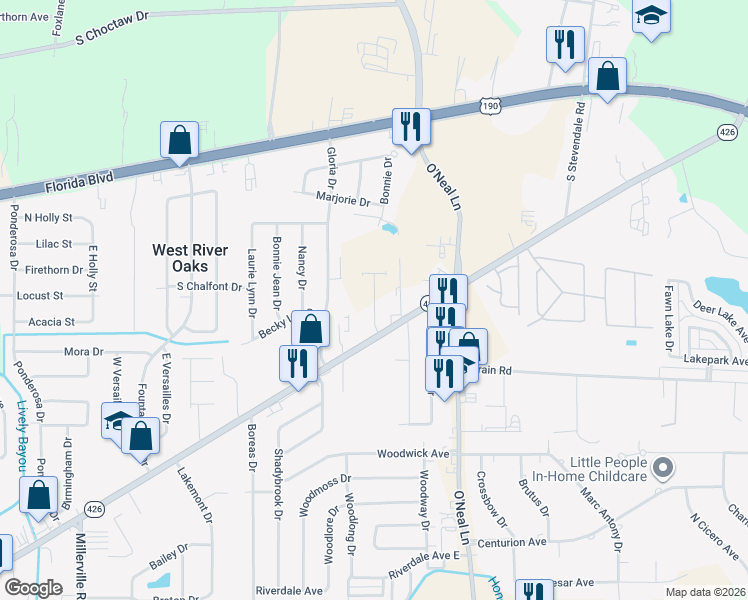 map of restaurants, bars, coffee shops, grocery stores, and more near 15643 Old Hammond Highway in Baton Rouge