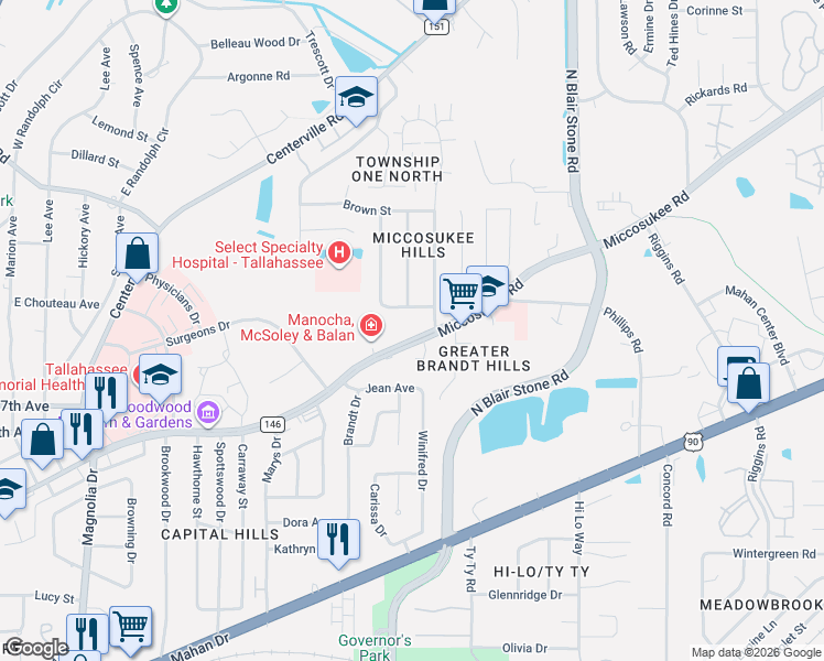 map of restaurants, bars, coffee shops, grocery stores, and more near 1907 Wells Street in Tallahassee