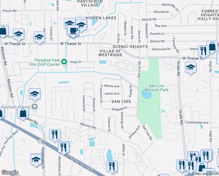 map of restaurants, bars, coffee shops, grocery stores, and more near 2410 Mexia Avenue in Tallahassee