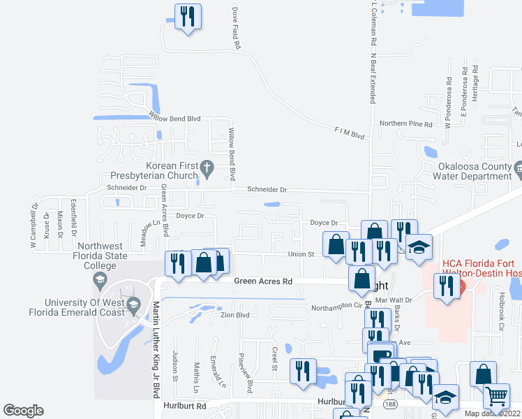 map of restaurants, bars, coffee shops, grocery stores, and more near 1847 Whispering Oaks Lane in Fort Walton Beach