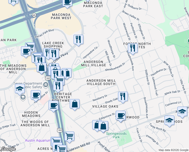 map of restaurants, bars, coffee shops, grocery stores, and more near 9715 Meadowheath Drive in Austin