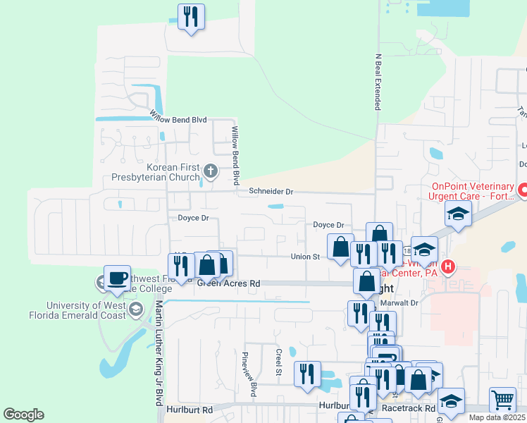 map of restaurants, bars, coffee shops, grocery stores, and more near 1845 Whispering Oaks Lane in Fort Walton Beach