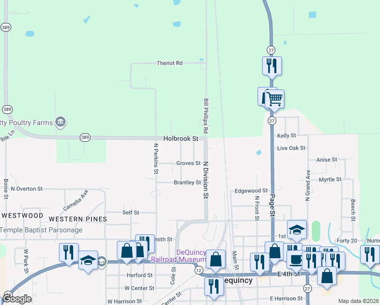 map of restaurants, bars, coffee shops, grocery stores, and more near 808 Pugh Street in DeQuincy