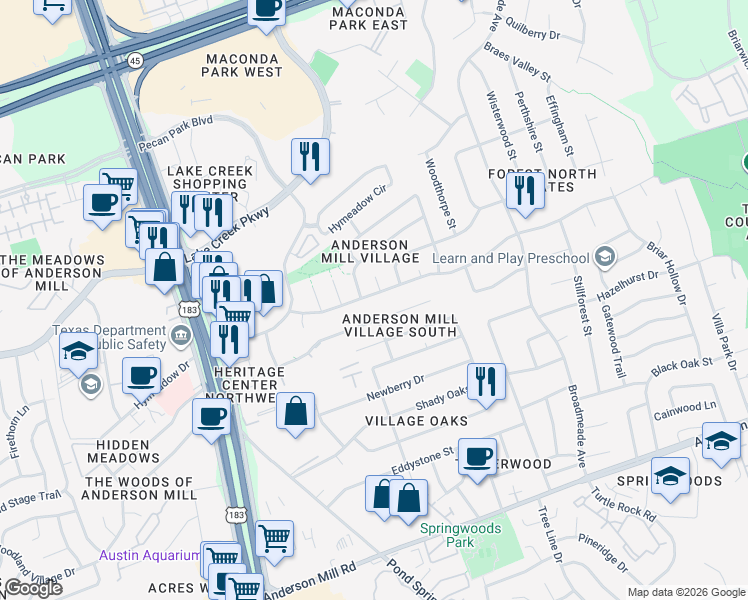 map of restaurants, bars, coffee shops, grocery stores, and more near 9715 Meadowheath Drive in Austin