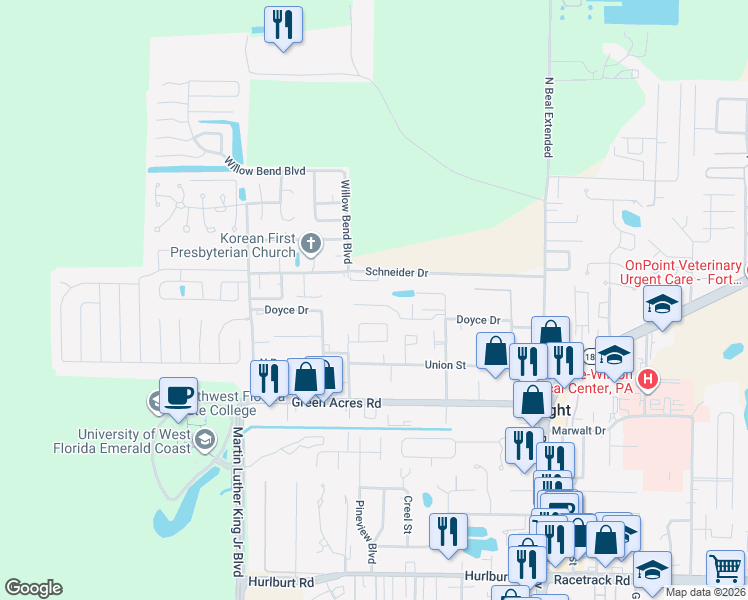 map of restaurants, bars, coffee shops, grocery stores, and more near 1831 Whispering Oaks Lane in Fort Walton Beach