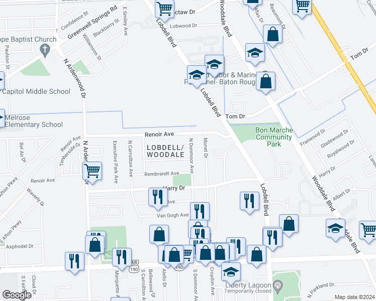 map of restaurants, bars, coffee shops, grocery stores, and more near 1077 North Donmoor Avenue in Baton Rouge