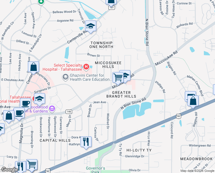 map of restaurants, bars, coffee shops, grocery stores, and more near 1505 Coombs Drive in Tallahassee