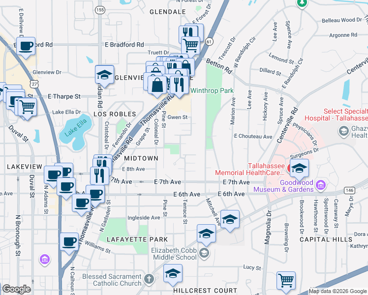 map of restaurants, bars, coffee shops, grocery stores, and more near 748 East 9th Avenue in Tallahassee