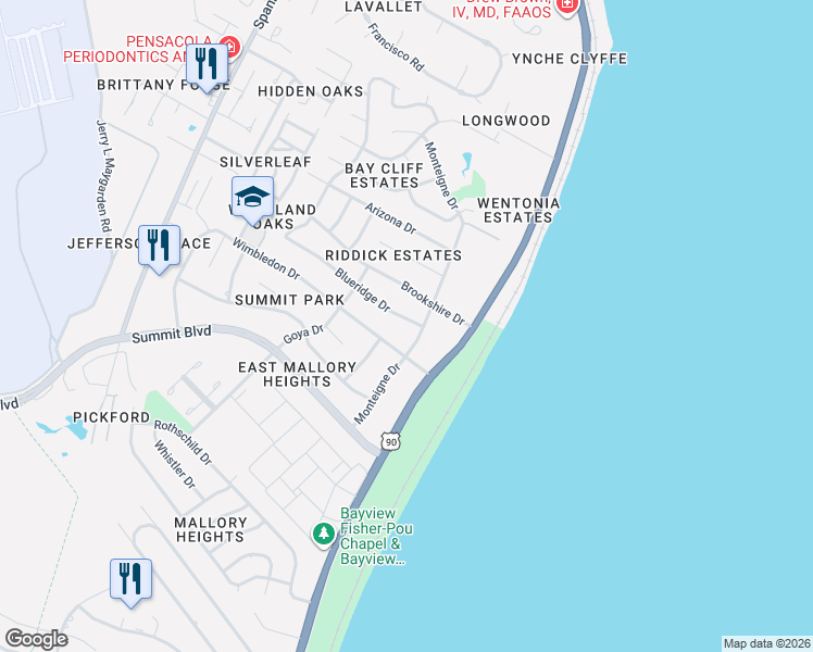 map of restaurants, bars, coffee shops, grocery stores, and more near 3585 Brookshire Drive in Pensacola