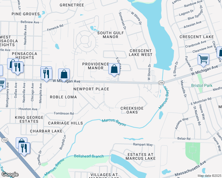 map of restaurants, bars, coffee shops, grocery stores, and more near 2355 West Michigan Avenue in Pensacola