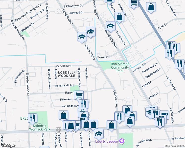 map of restaurants, bars, coffee shops, grocery stores, and more near 7240 Renoir Avenue in Baton Rouge
