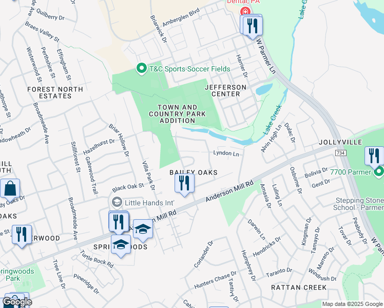 map of restaurants, bars, coffee shops, grocery stores, and more near 13348 Water Oak Lane in Austin