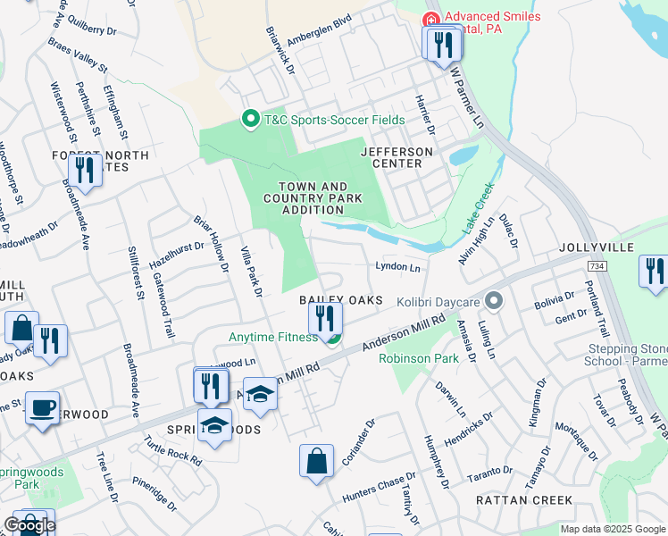 map of restaurants, bars, coffee shops, grocery stores, and more near 13348 Water Oak Lane in Austin
