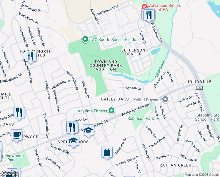 map of restaurants, bars, coffee shops, grocery stores, and more near 13348 Water Oak Lane in Austin