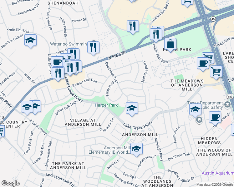 map of restaurants, bars, coffee shops, grocery stores, and more near 12310 Rustic Manor Court in Austin