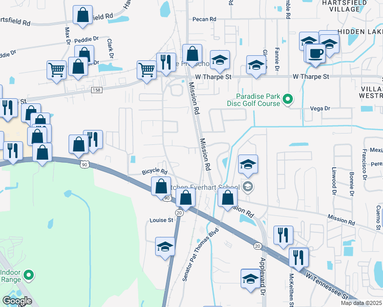 map of restaurants, bars, coffee shops, grocery stores, and more near 3100 Dian Road in Tallahassee