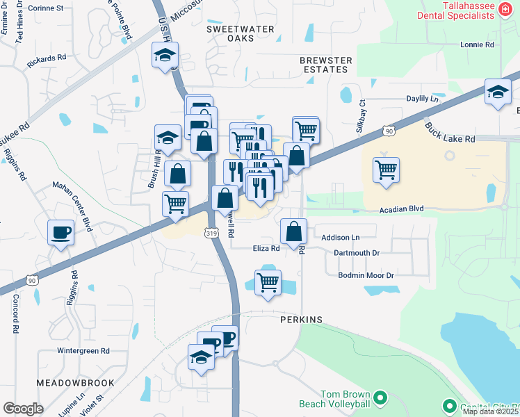 map of restaurants, bars, coffee shops, grocery stores, and more near 3111 Mahan Drive in Tallahassee