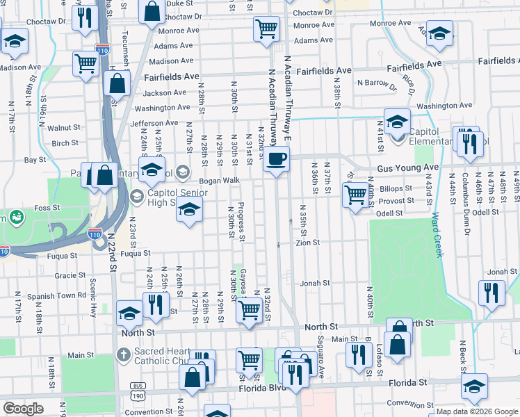 map of restaurants, bars, coffee shops, grocery stores, and more near 1320 North 32nd Street in Baton Rouge