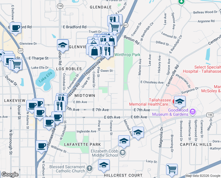 map of restaurants, bars, coffee shops, grocery stores, and more near 748 East 9th Avenue in Tallahassee