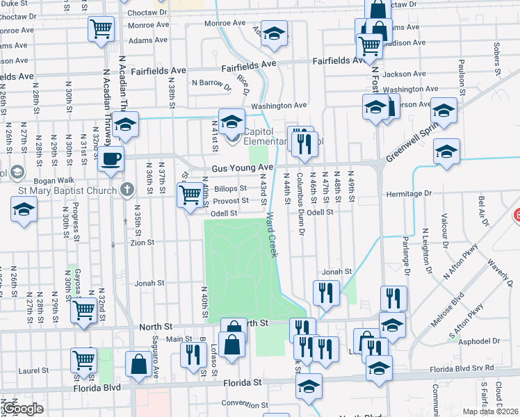 map of restaurants, bars, coffee shops, grocery stores, and more near 4237 Provost Street in Baton Rouge