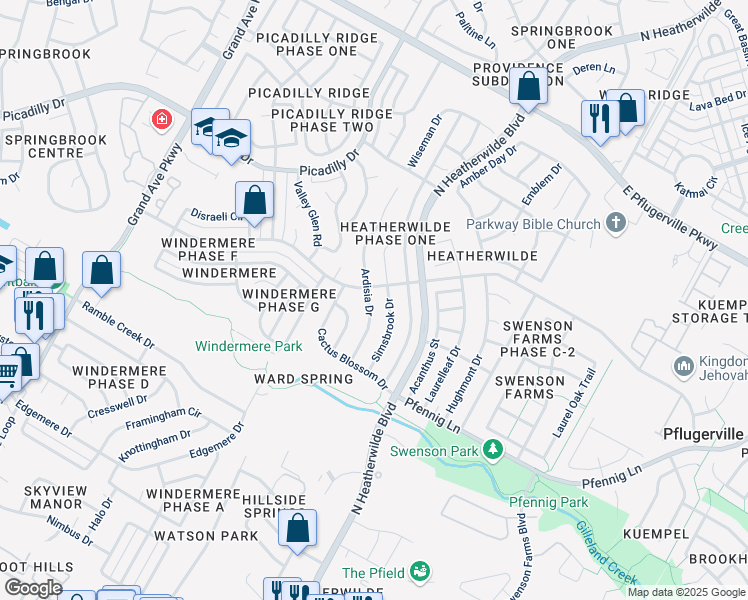 map of restaurants, bars, coffee shops, grocery stores, and more near 17101 Ardisia Drive in Pflugerville