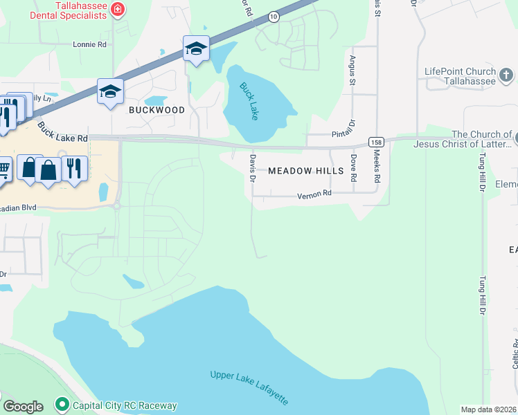 map of restaurants, bars, coffee shops, grocery stores, and more near 1501 Davis Drive in Tallahassee