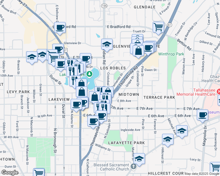 map of restaurants, bars, coffee shops, grocery stores, and more near 1513 Cristobal Drive in Tallahassee