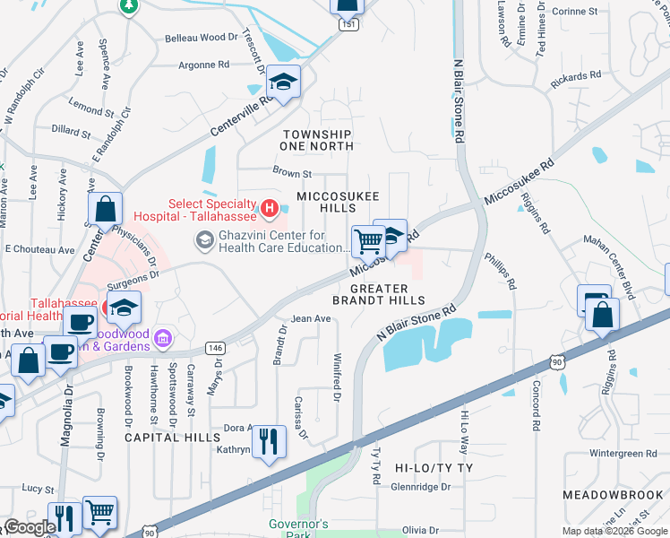 map of restaurants, bars, coffee shops, grocery stores, and more near 1505 Coombs Drive in Tallahassee