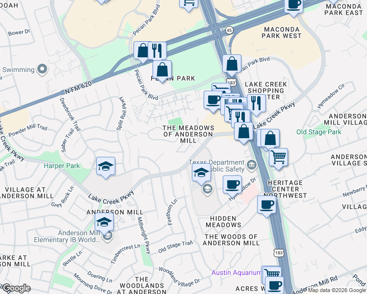 map of restaurants, bars, coffee shops, grocery stores, and more near 7 Mellow Meadow Drive in Austin