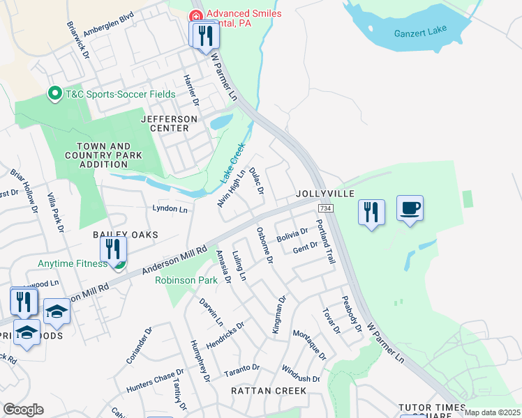 map of restaurants, bars, coffee shops, grocery stores, and more near 13513 Dulles Avenue in Austin