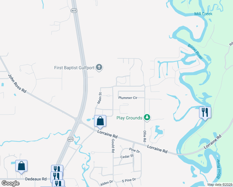 map of restaurants, bars, coffee shops, grocery stores, and more near 11703 Highland Circle in Gulfport