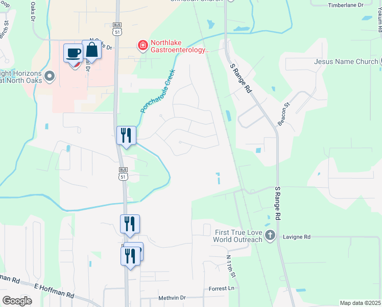 map of restaurants, bars, coffee shops, grocery stores, and more near 213 Long Leaf Court in Ponchatoula