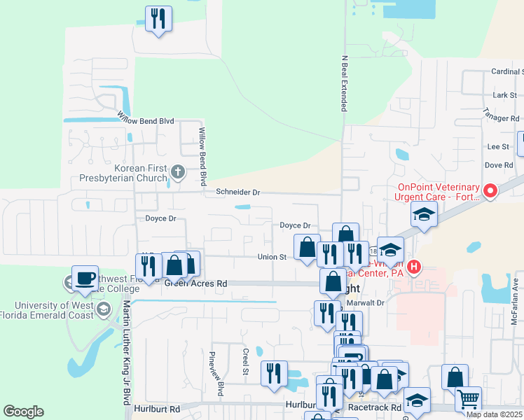 map of restaurants, bars, coffee shops, grocery stores, and more near 1840 Pointed Leaf Lane in Fort Walton Beach