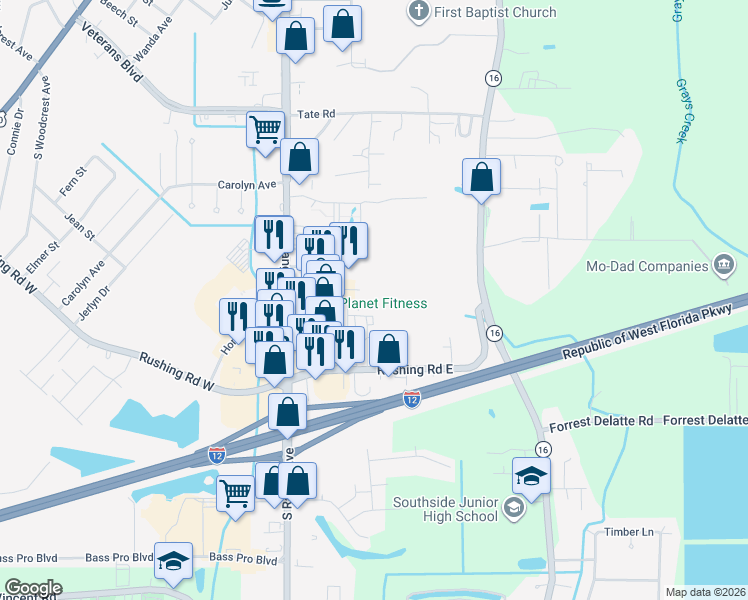 map of restaurants, bars, coffee shops, grocery stores, and more near 145 Aspen Square in Denham Springs