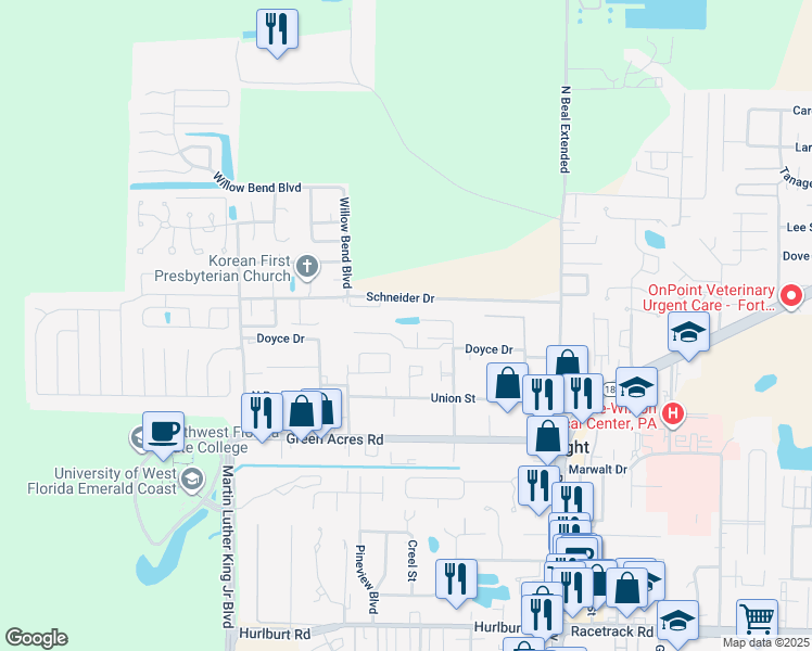 map of restaurants, bars, coffee shops, grocery stores, and more near 1808 Pointed Leaf Lane in Fort Walton Beach