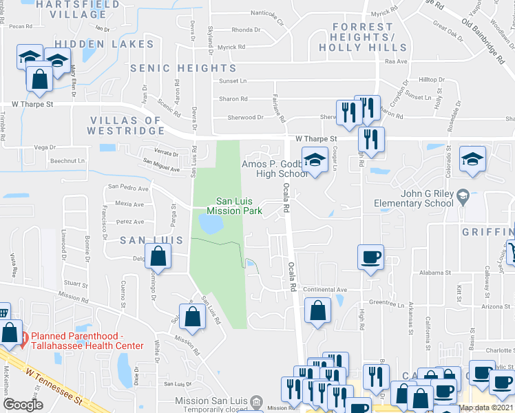 map of restaurants, bars, coffee shops, grocery stores, and more near 1380 Ocala Road in Tallahassee